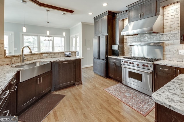 kitchen with under cabinet range hood, high quality appliances, ornamental molding, light wood-style flooring, and a sink