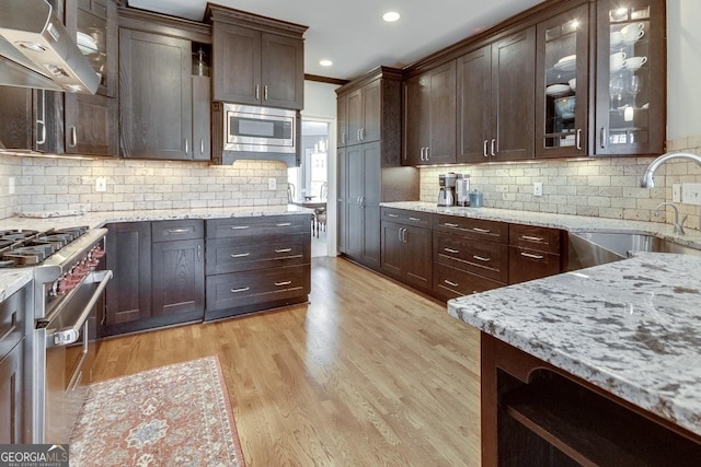 kitchen featuring light stone countertops, light wood-style flooring, a sink, appliances with stainless steel finishes, and exhaust hood