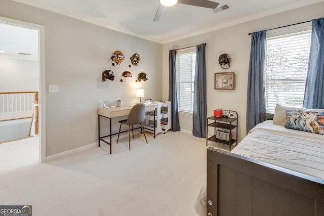 bedroom featuring visible vents, light carpet, multiple windows, and ornamental molding