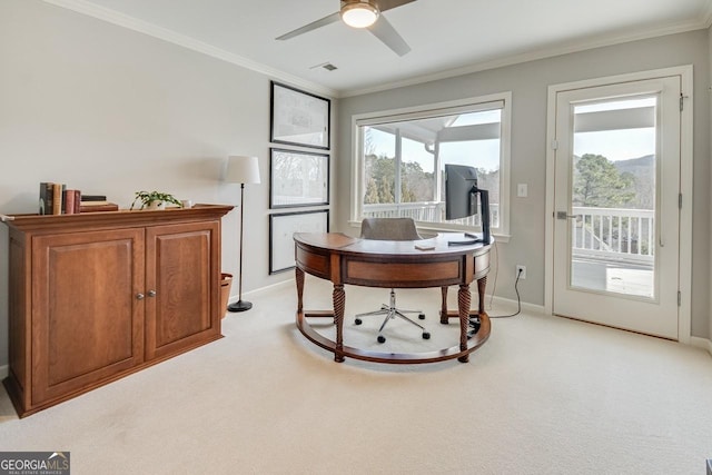 office space with visible vents, light carpet, baseboards, and crown molding