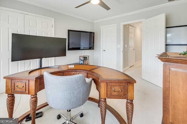 office with ceiling fan and ornamental molding