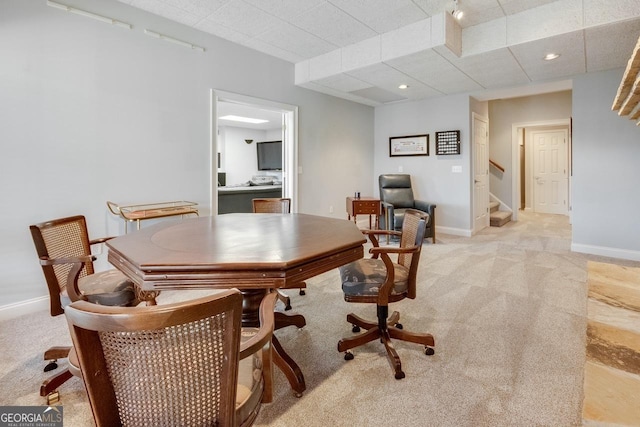 office area featuring light carpet, recessed lighting, and baseboards