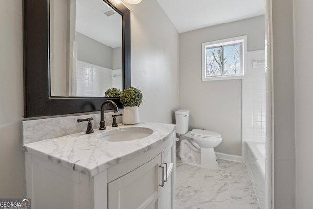 bathroom featuring visible vents, baseboards, toilet, marble finish floor, and vanity