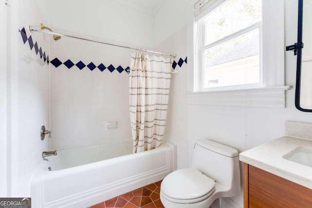 bathroom with tile patterned floors, shower / bath combination with curtain, toilet, and vanity