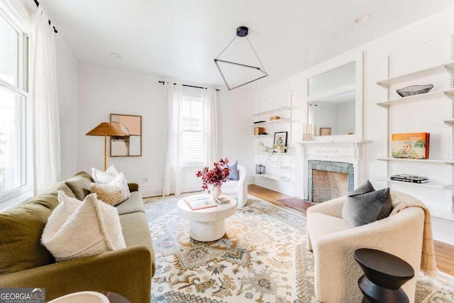 living room with a fireplace and wood finished floors