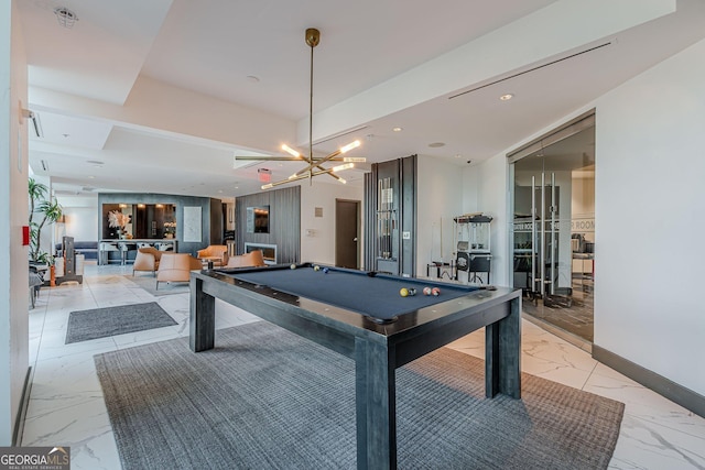 rec room featuring pool table, baseboards, a chandelier, recessed lighting, and marble finish floor