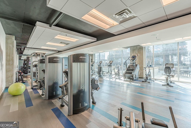 gym featuring floor to ceiling windows, visible vents, and a drop ceiling