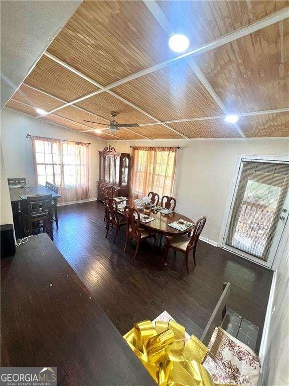 3672 Misty Oak Dr, Flowery Branch, GA 30542 - dining space featuring wood ceiling, hardwood / wood-style flooring, healthy amount of natural light, and ceiling fan