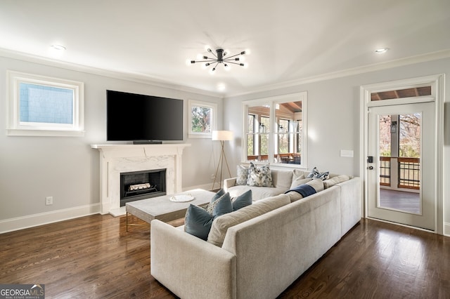 living room with a premium fireplace, baseboards, plenty of natural light, and dark wood finished floors