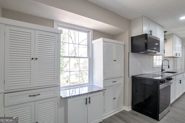 kitchen with light stone countertops, electric range oven, a sink, tasteful backsplash, and light wood-type flooring