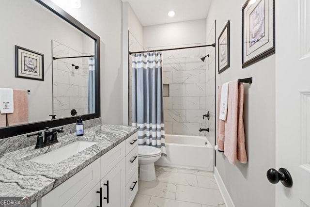 bathroom with toilet, marble finish floor, shower / tub combo with curtain, baseboards, and vanity