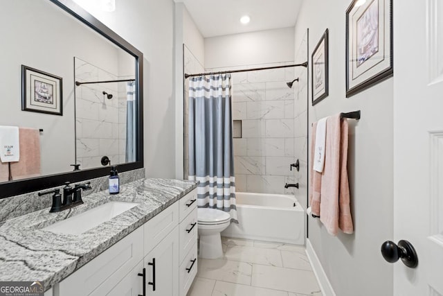 212 Cardiff Ct, Ball Ground, GA 30107 - bathroom featuring marble look tiles, toilet, baseboards, shower / tub combo with curtain, and vanity