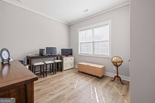 212 Cardiff Ct, Ball Ground, GA 30107 - home office with ornamental molding, light wood-style floors, and baseboards