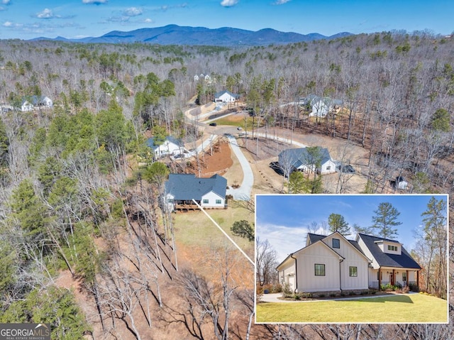 bird's eye view featuring a view of trees and a mountain view