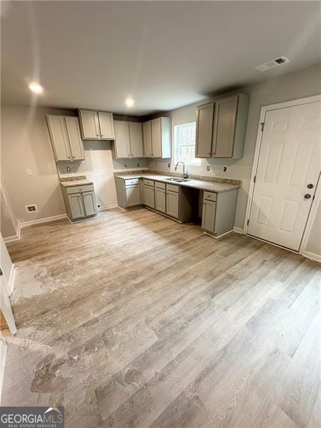 kitchen with visible vents, light wood-type flooring, and baseboards