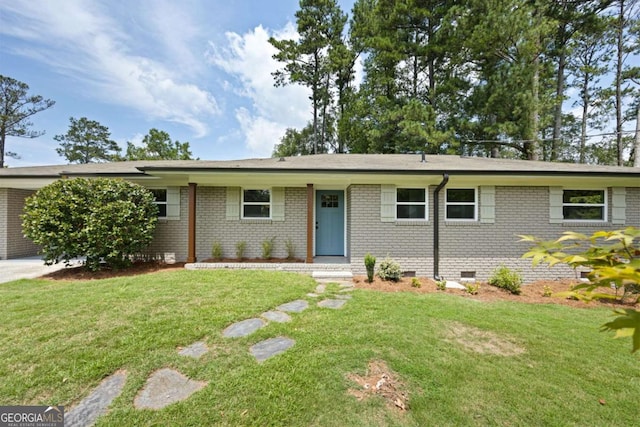 ranch-style home featuring a front lawn, brick siding, and crawl space