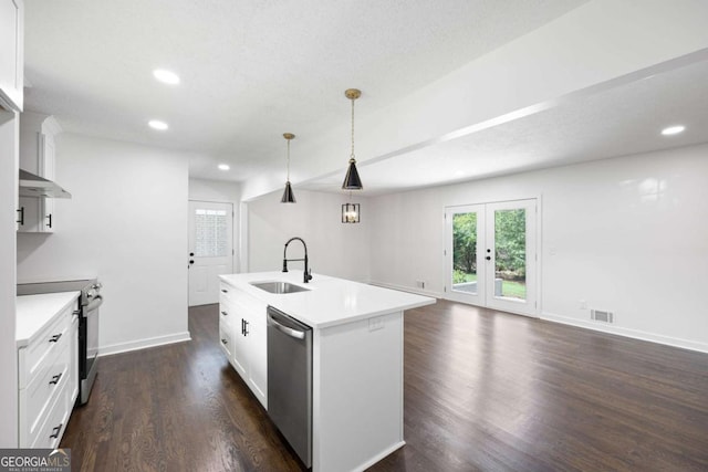 kitchen with visible vents, range with electric cooktop, under cabinet range hood, dishwasher, and a sink