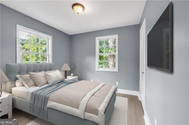 bedroom featuring multiple windows, baseboards, and wood finished floors