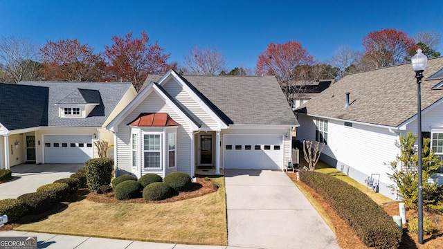 view of front of property with a front lawn, an attached garage, driveway, and a shingled roof