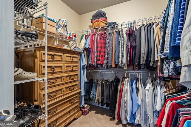 walk in closet with carpet floors