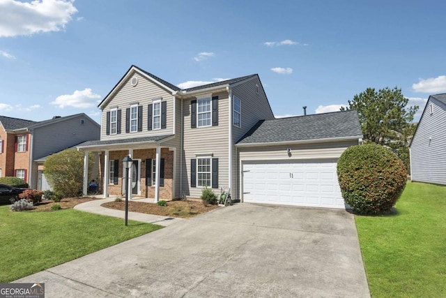 view of front of home with covered porch, an attached garage, driveway, and a front yard