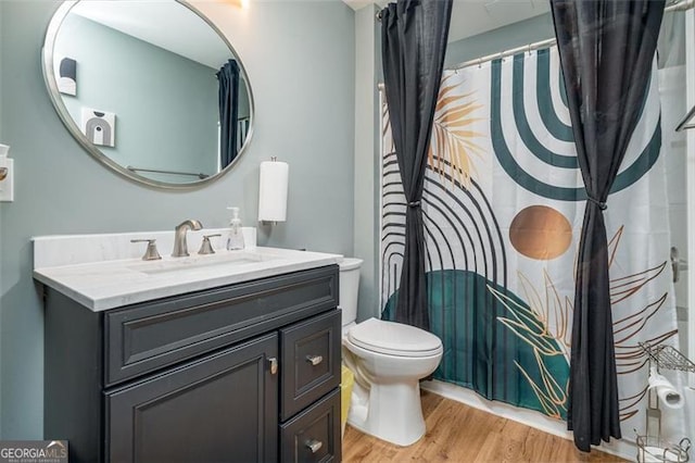 784 Sunset Down Ct, Loganville, GA 30052 - bathroom featuring vanity, wood finished floors, and curtained shower