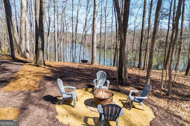 view of yard featuring a water view, a view of trees, and an outdoor fire pit