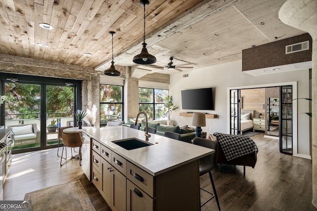 kitchen with visible vents, a center island with sink, wooden ceiling, dark wood-style floors, and a sink