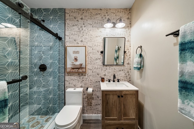 bathroom with a shower stall, toilet, and vanity