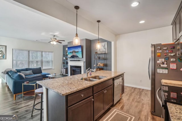 kitchen featuring a sink, wood finished floors, appliances with stainless steel finishes, and a glass covered fireplace