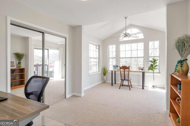 office featuring baseboards, ceiling fan, lofted ceiling, carpet floors, and a textured ceiling