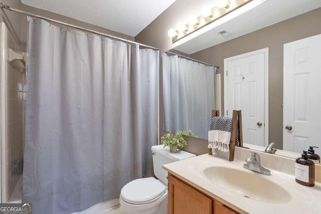 bathroom featuring curtained shower, toilet, visible vents, and vanity