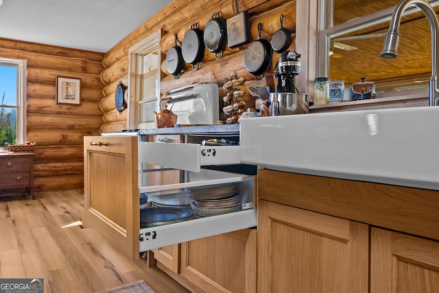 details with rustic walls, light wood-style flooring, and light countertops