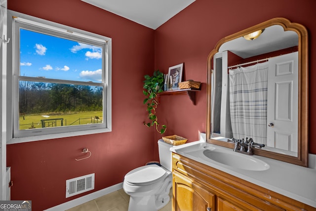 bathroom featuring tile patterned flooring, visible vents, baseboards, toilet, and vanity