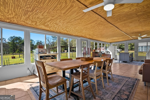 sunroom featuring wooden ceiling and a ceiling fan