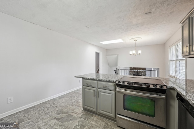 kitchen featuring gray cabinetry, stainless steel electric range oven, dishwashing machine, a peninsula, and a notable chandelier