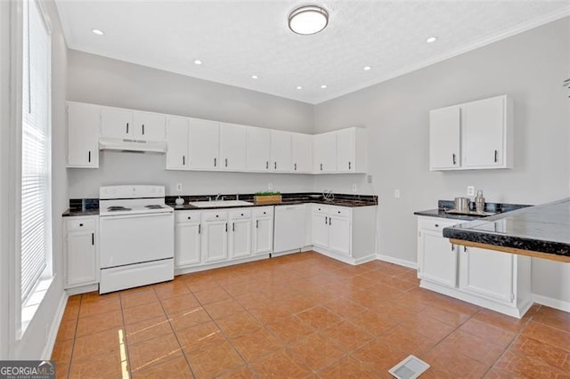 kitchen with under cabinet range hood, visible vents, white appliances, and white cabinetry