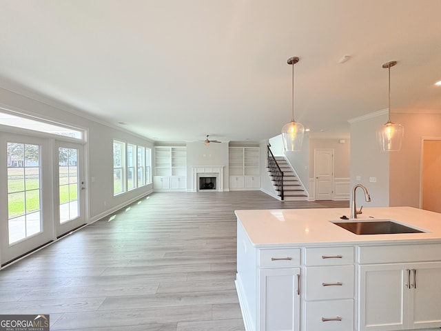 kitchen featuring crown molding, ceiling fan, light wood-style flooring, a fireplace, and a sink