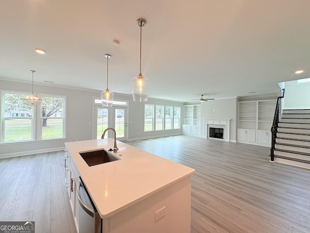 kitchen with dishwasher, a fireplace, light wood-style floors, and a sink