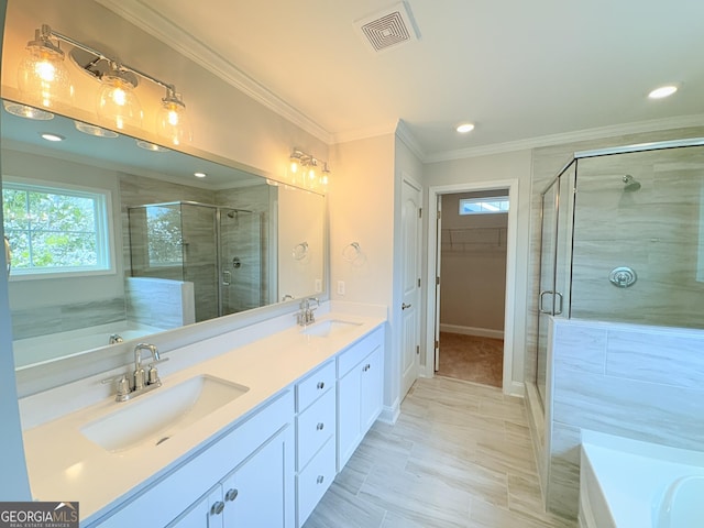 bathroom featuring visible vents, a shower stall, ornamental molding, and a sink