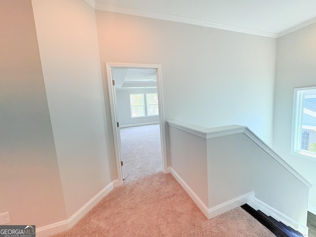 hall featuring an upstairs landing, light carpet, baseboards, and ornamental molding