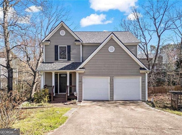 traditional-style house featuring a shingled roof, an attached garage, concrete driveway, and fence