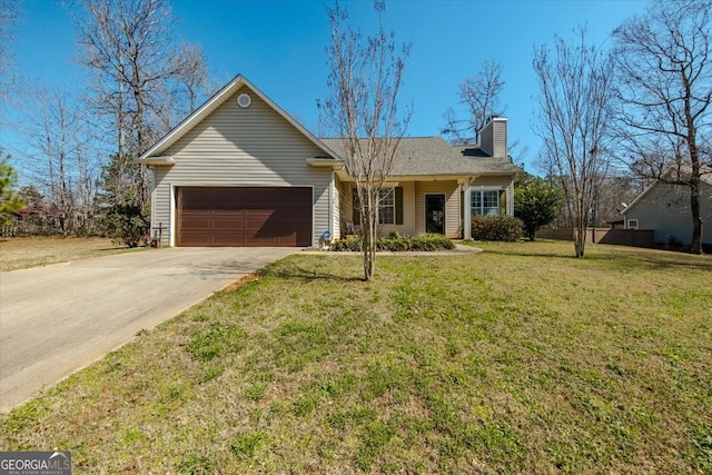 ranch-style house with a front lawn, a chimney, concrete driveway, and an attached garage