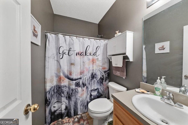 bathroom with vanity, a shower with shower curtain, toilet, and a textured ceiling