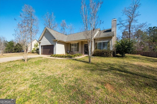 ranch-style home featuring driveway, fence, a front yard, a garage, and a chimney