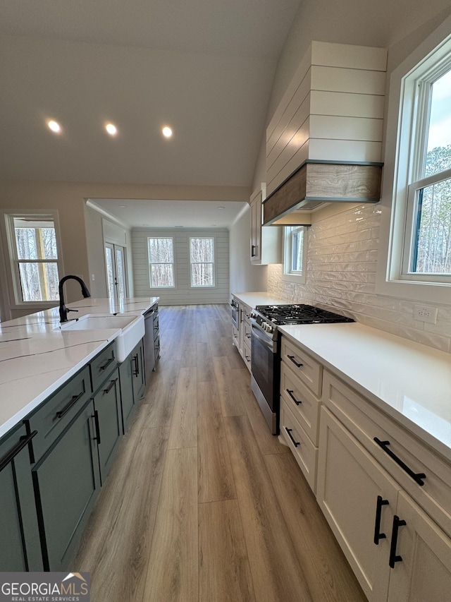 kitchen featuring light wood finished floors, lofted ceiling, a sink, stainless steel appliances, and backsplash