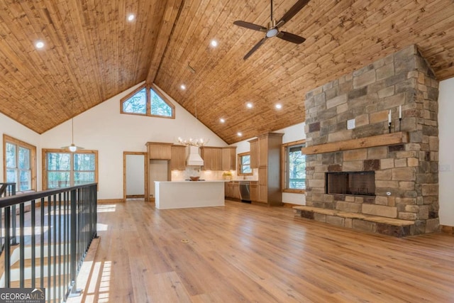 unfurnished living room featuring high vaulted ceiling, a stone fireplace, light wood finished floors, wood ceiling, and ceiling fan