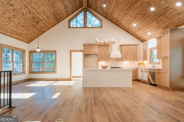 kitchen featuring high vaulted ceiling, stainless steel dishwasher, light wood finished floors, custom exhaust hood, and wood ceiling