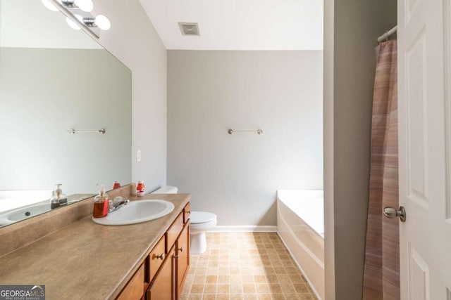 full bathroom with visible vents, toilet, baseboards, a bath, and vanity