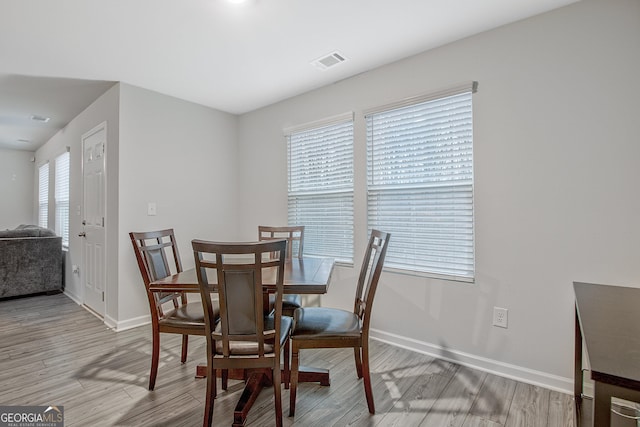 dining area with light wood finished floors, visible vents, and baseboards